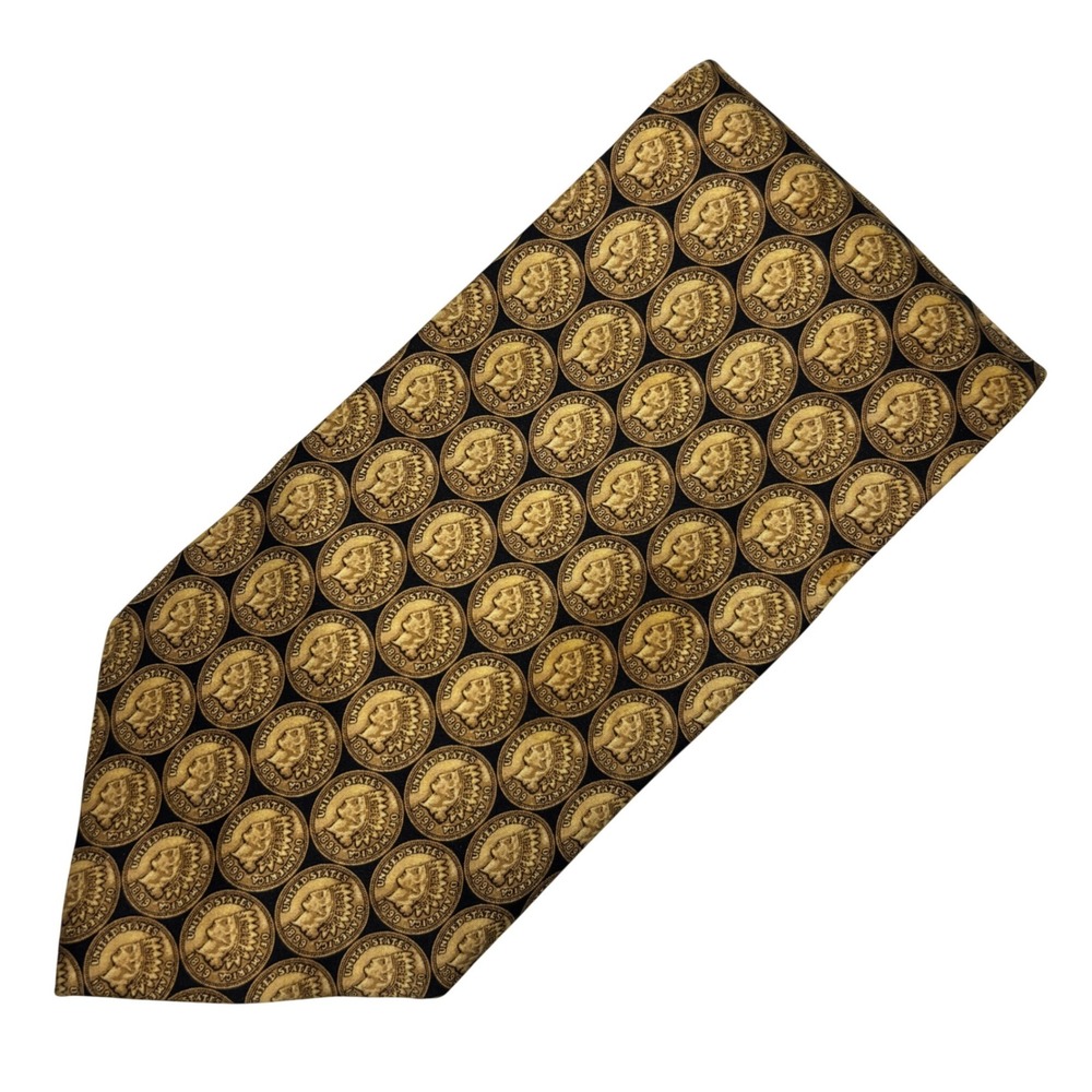 Museum‎ Artifacts Necktie Mens Gold Black Indian Head Penny Coin Handmade Silk